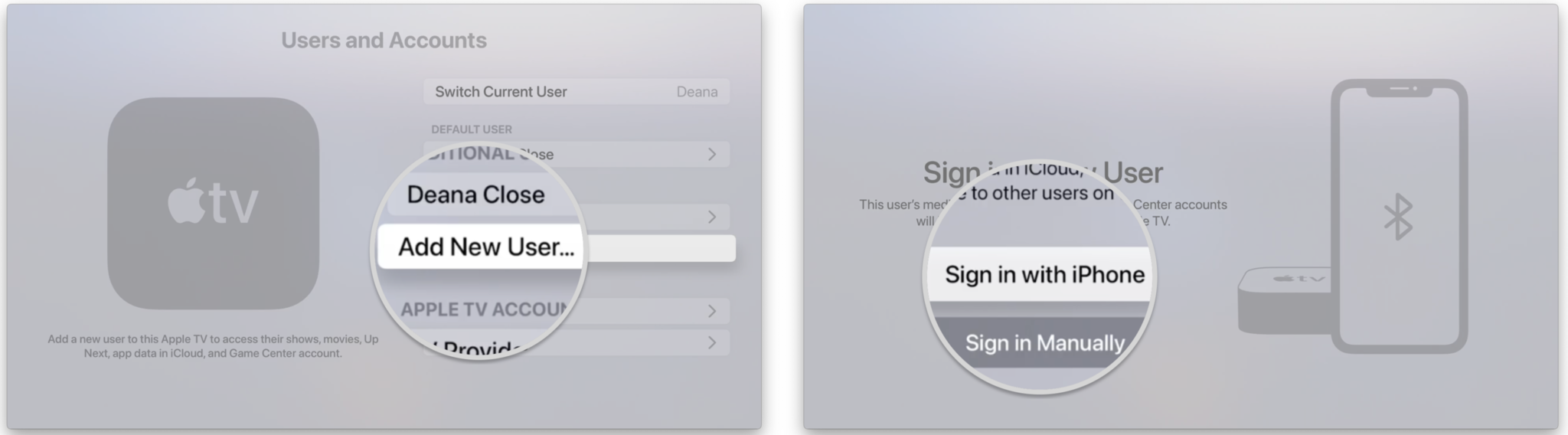 How to add a user on the Apple TV by showing steps: Click Add New User…, Click Sign in with iPhone