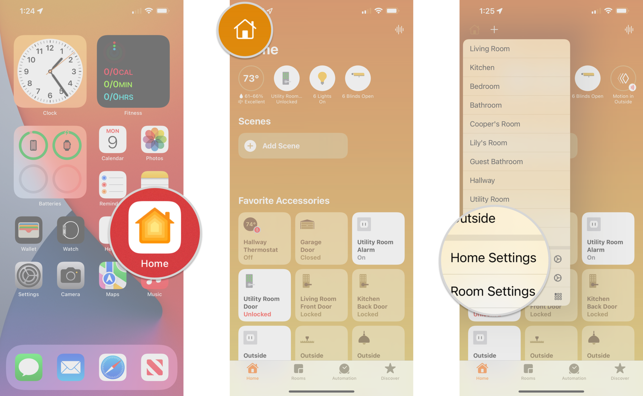 How to enable HomeKit sensor notifications on an iPhone by showing steps: Launch the Home app, Tap the House icon, Tap Home Settings