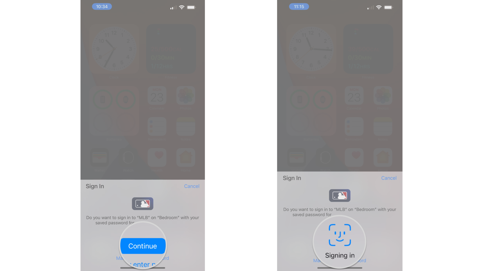 How to use AutoFill on the Apple TV and iPhone by showing steps: Tap Continue or Manually enter password, Authenticate with Face ID, Touch ID, or your iOS device passcode