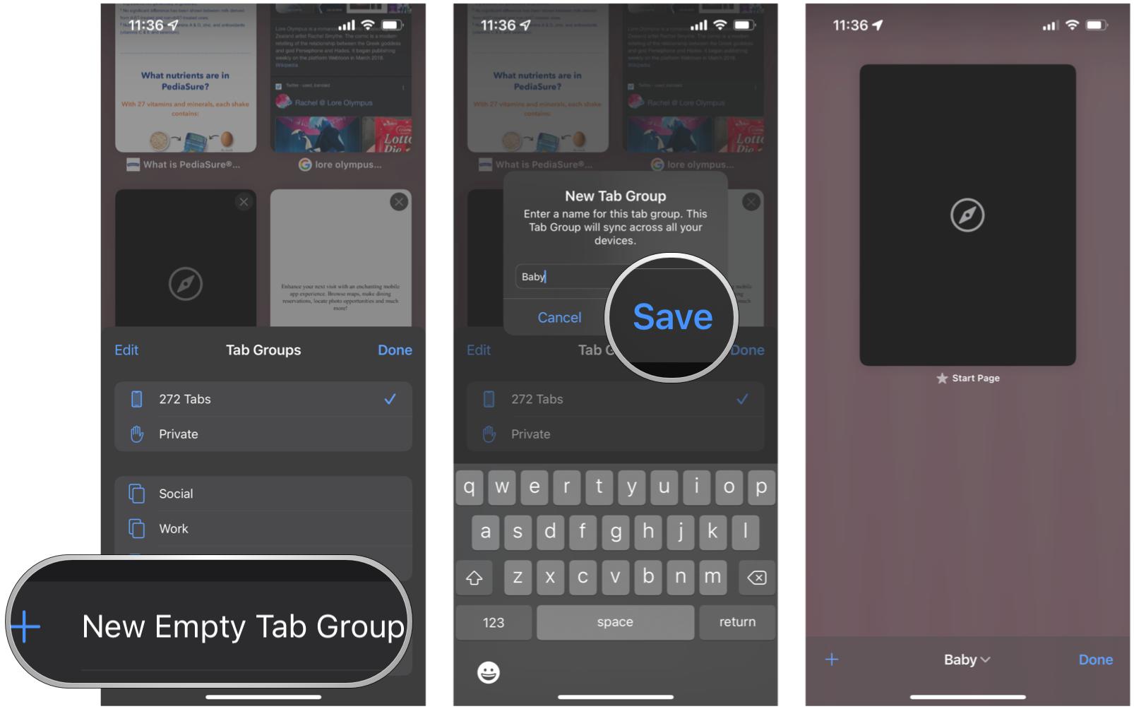 Create new tab group in Safari on iPhone: Tap New Empty Tab Group, give group a name, tap Save