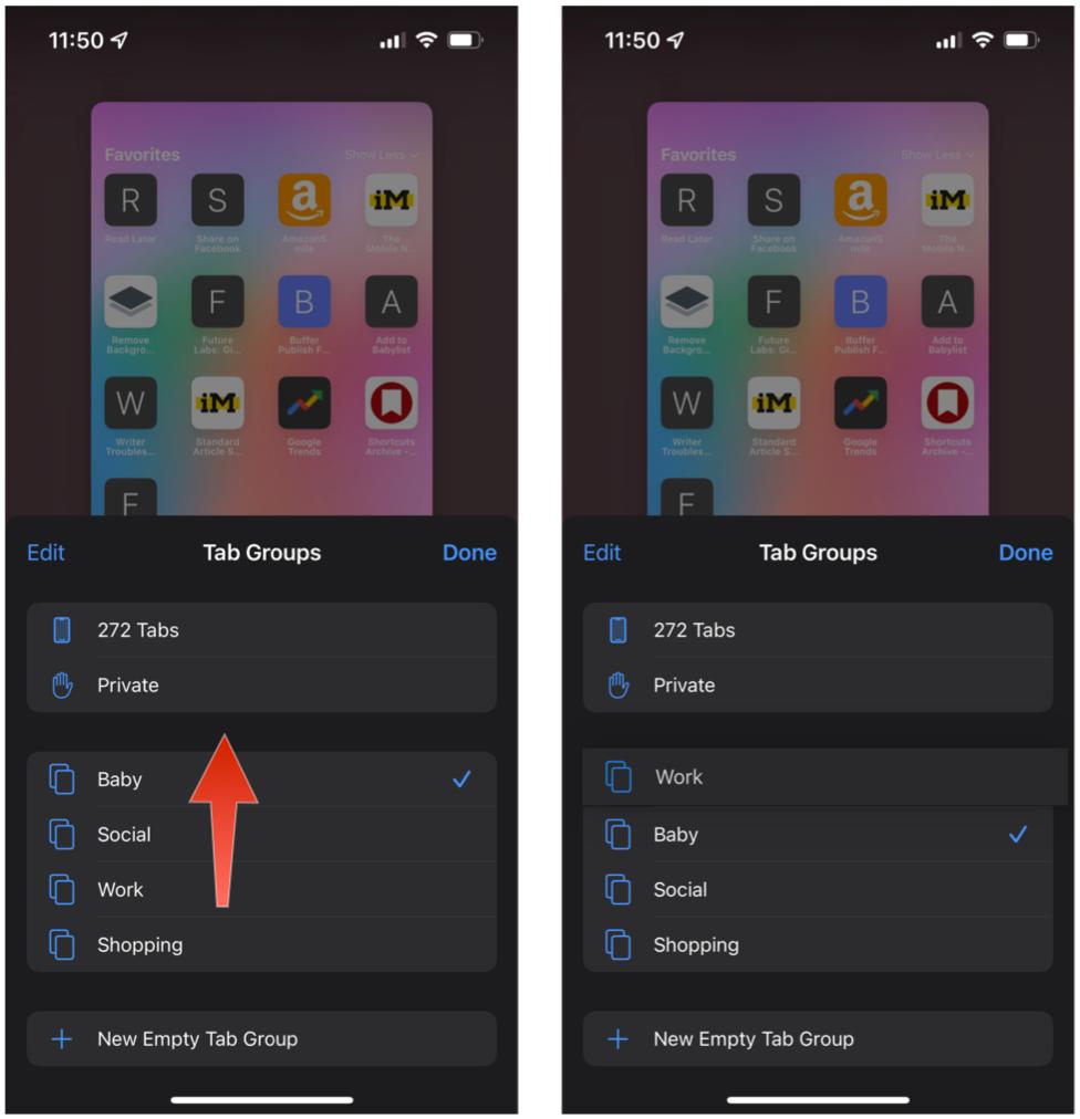 Reorder tab groups in Safari iPhone: Touch-and-drag the tab group you want into the position on the list