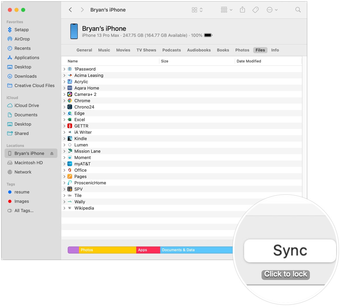 To sync files to your iPhone or iPad, click the files you wish to sync, then select Apple, then Sync.