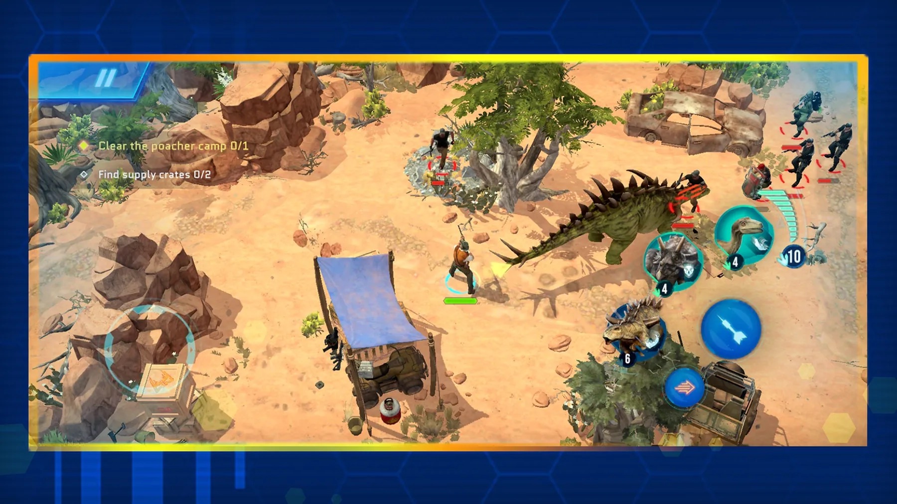 Screenshot of Jurassic World Primal Ops showing a battle of dinosaurs
