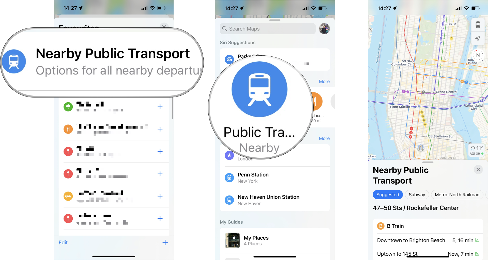 How to find nearby transit routes: Tap on Nearby Transit to add it to your Favorites, tap on Transit in your Favorites