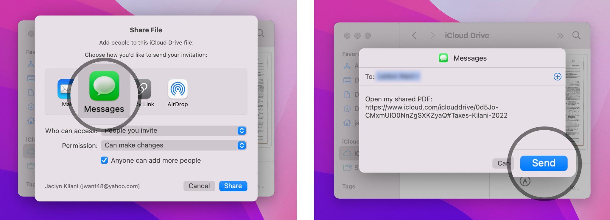 Share a document: Select a method, then send the invite
