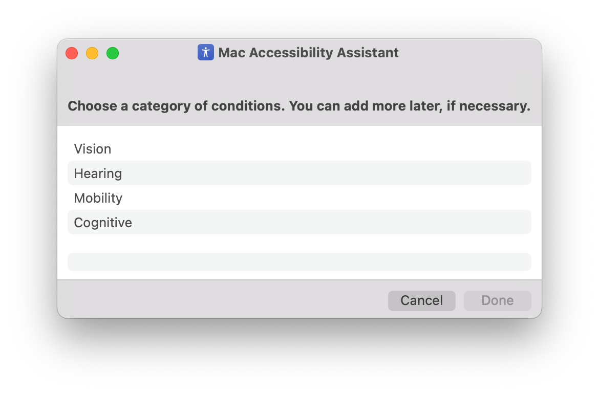 Screenshot of the Accessibility Assistant's prompt to choose a category of conditions.
