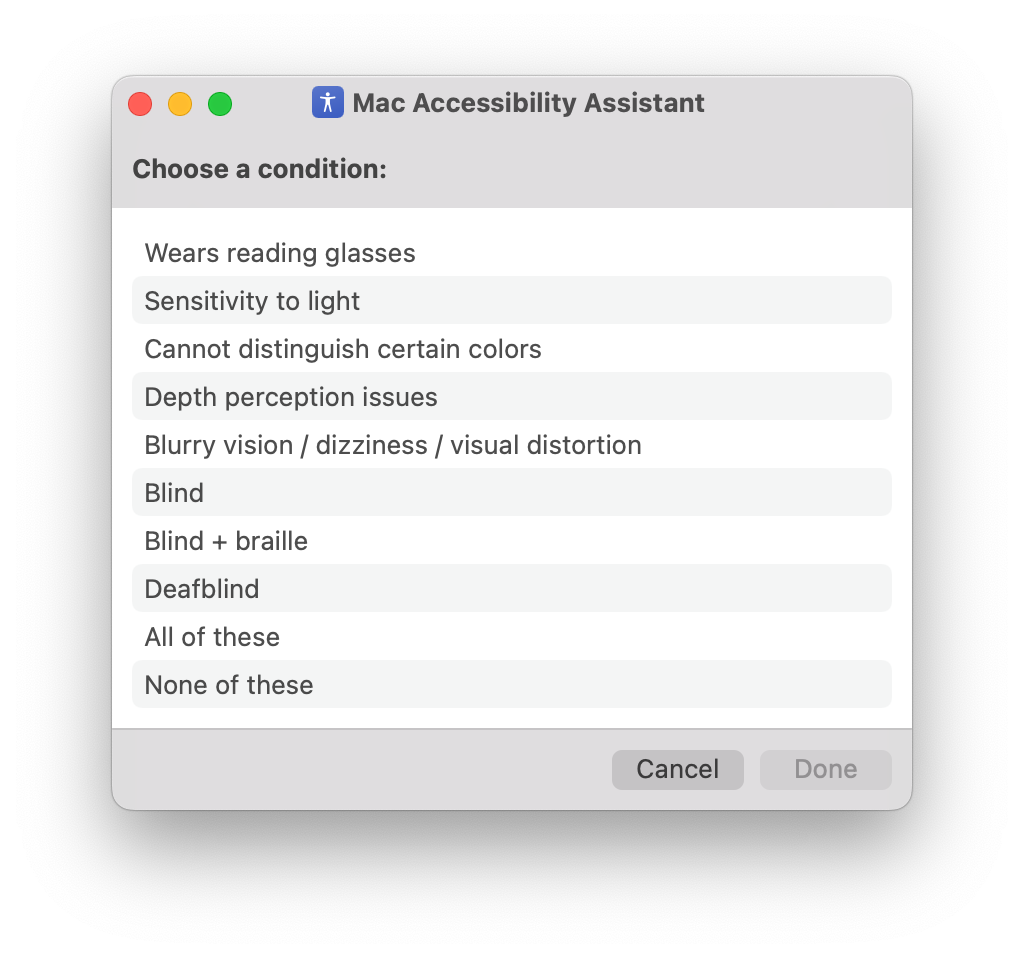 Screenshot of the Accessibility Assistant's prompt to choose a condition from the category you previously selected.
