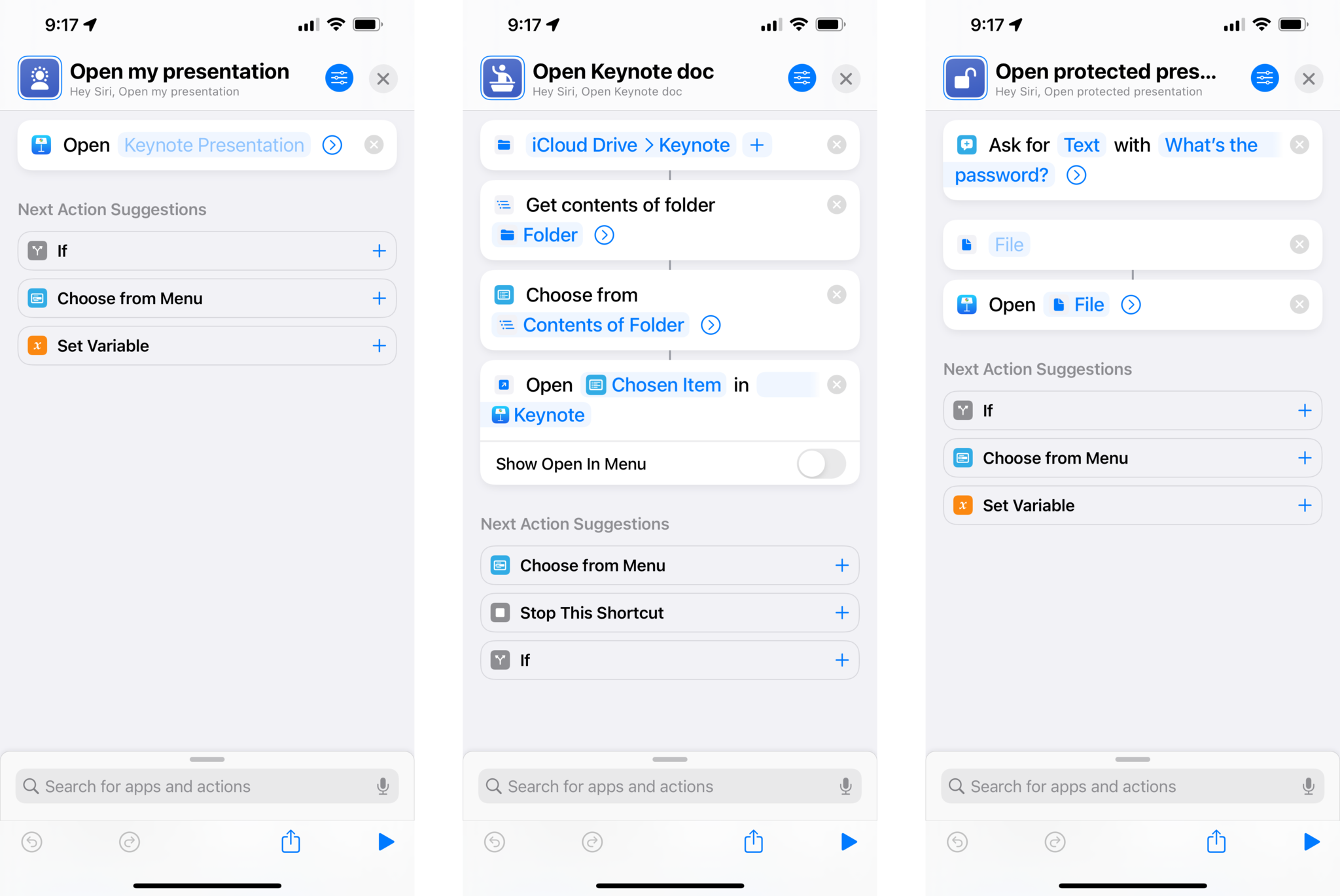 Screenshots showing how to use the Open Presentation action in Keynote for shortcuts.