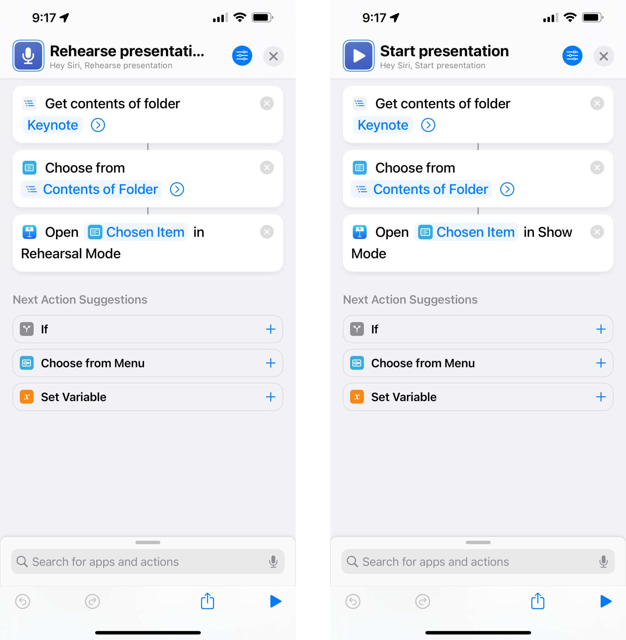 Screenshot of the Rehearsal Mode and Show Mode actions for Keynote in Shortcuts.