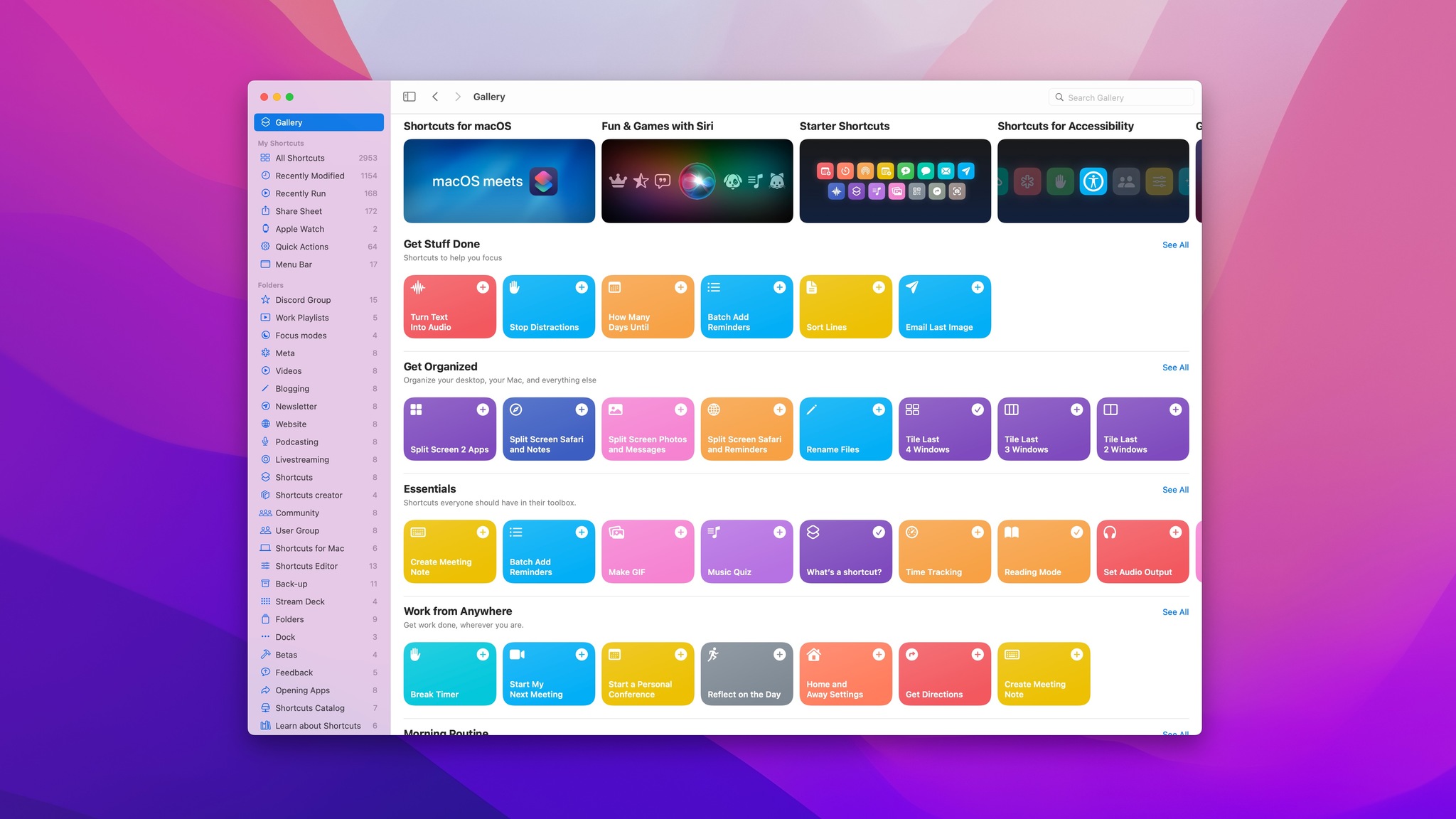 Screenshot of the Gallery displayed for Shortcuts for Mac.