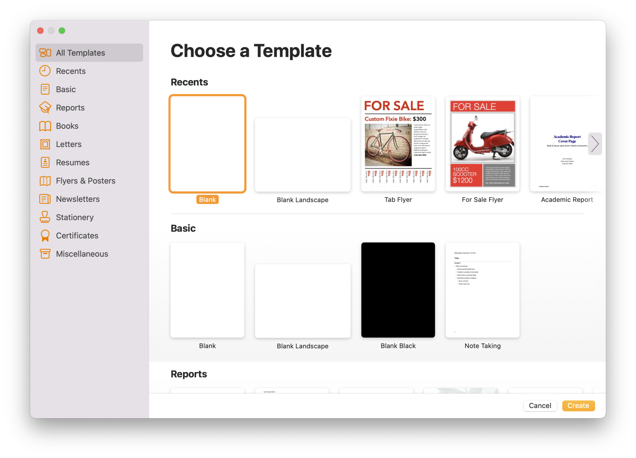 Cuplikan layar memperlihatkan pemilih template untuk Pages di Mac.