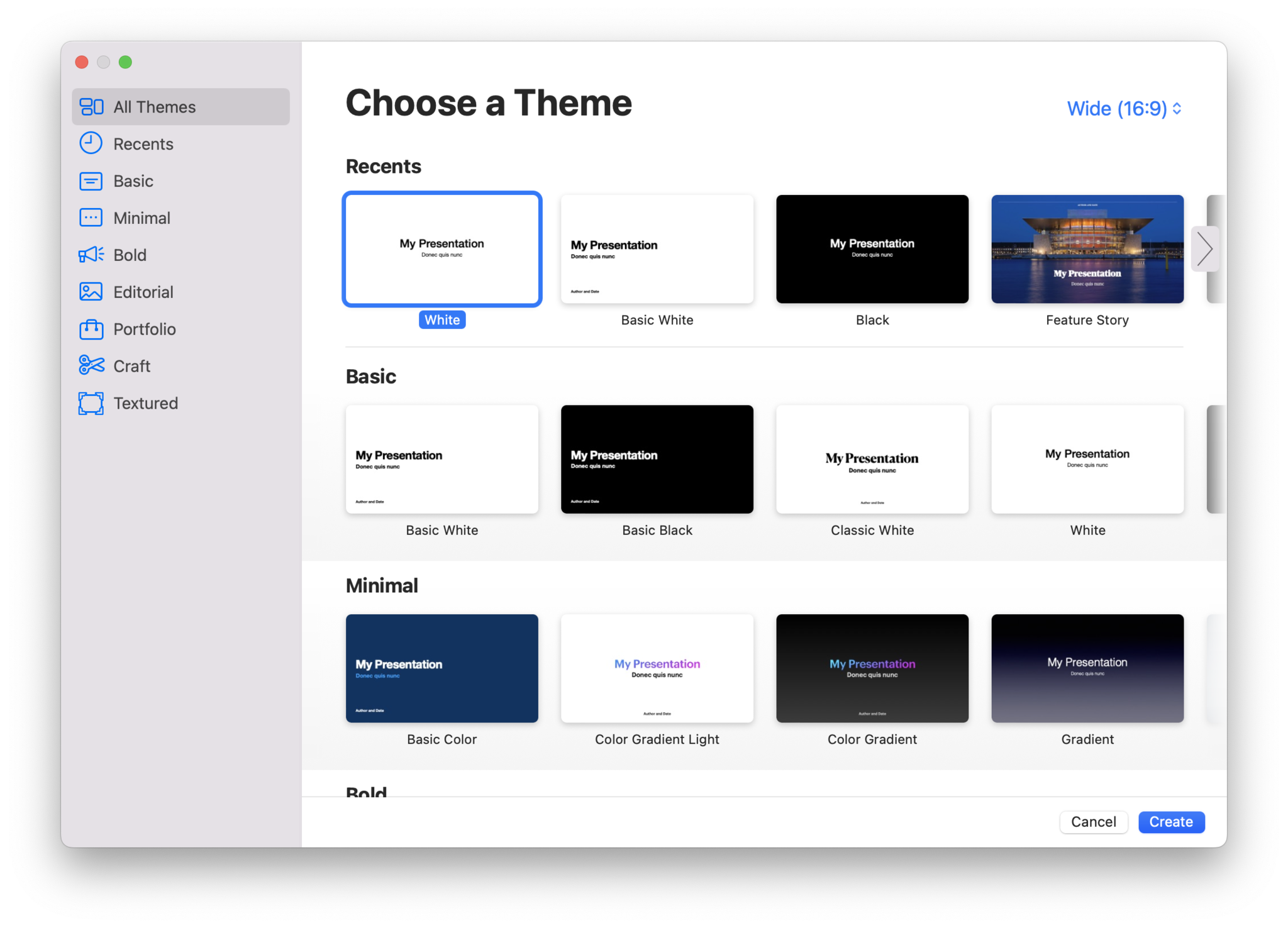 Screenshot showing the Keynote for Mac template picker.