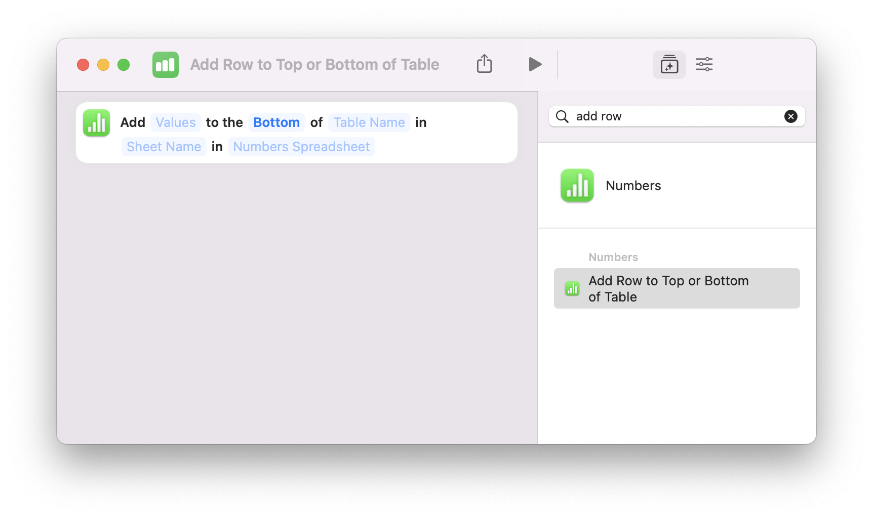 Screenshot of the Add Value to Top or Bottom of Spreadsheet action in Shortcuts.
