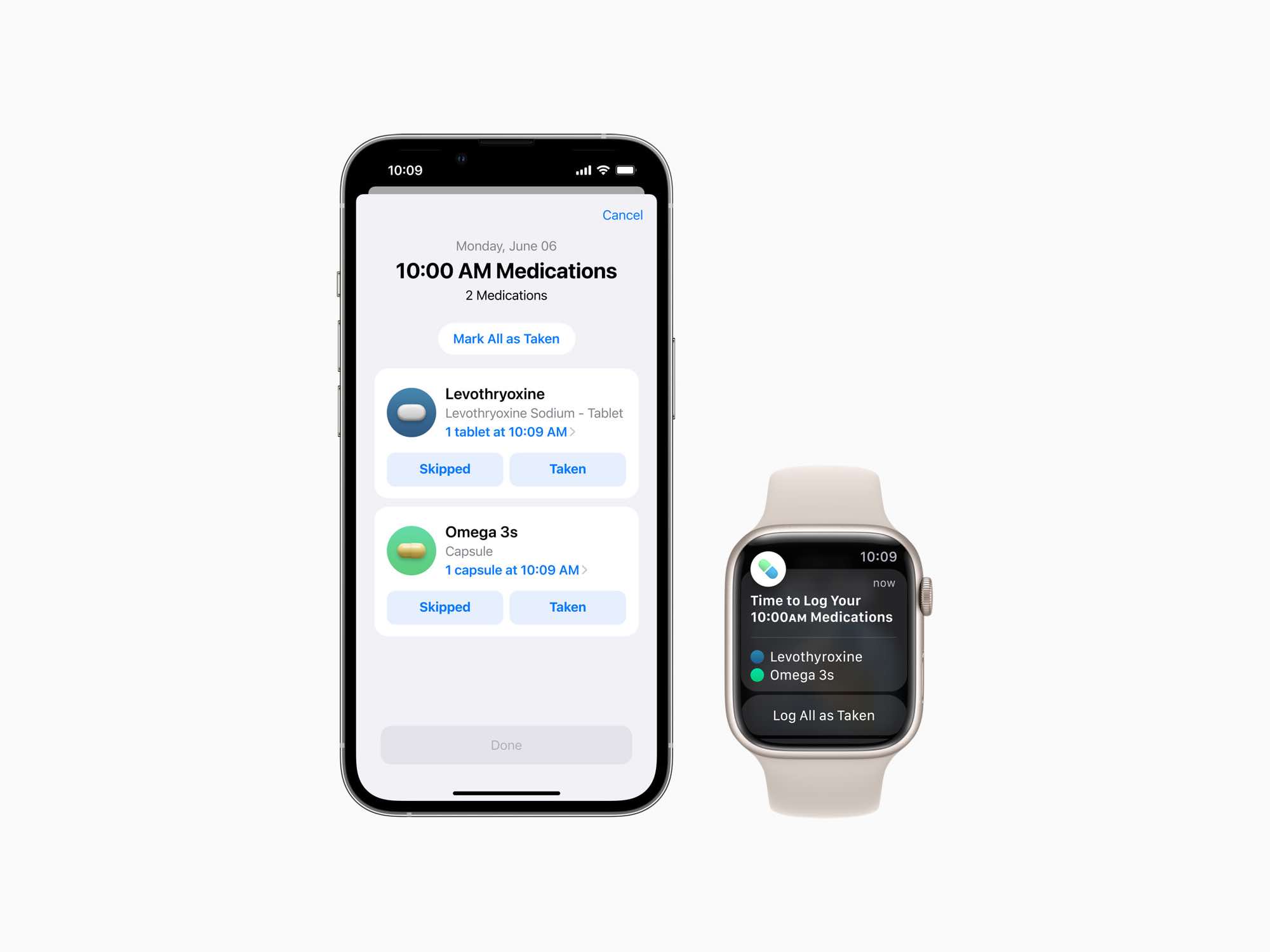 Apple Watch y iPhone con la nueva app Medicamentos