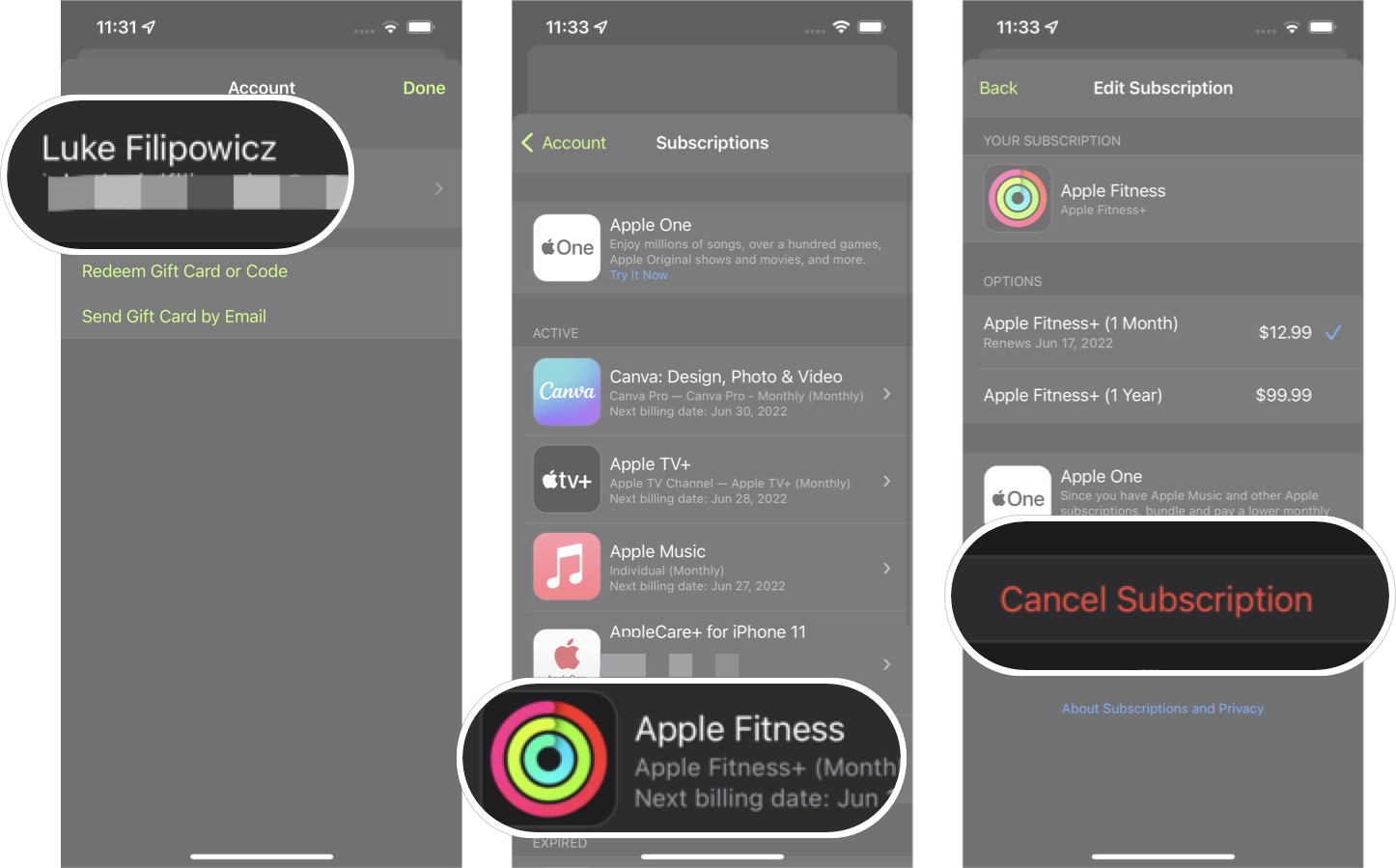 Canceling Fitness Plus Subscription On iPhone: Tap your name, tap on your active Fitness+ subscription, and then tap on Cancel Subscription.