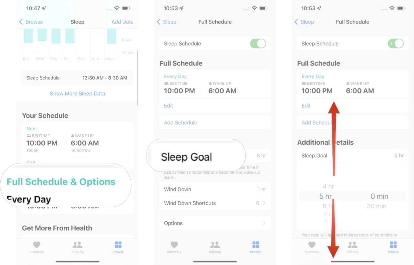 Mengubah target tidur di iOS 15: Ketuk jadwal dan opsi lengkap, ketuk target tidur, lalu sesuaikan durasi yang Anda inginkan.