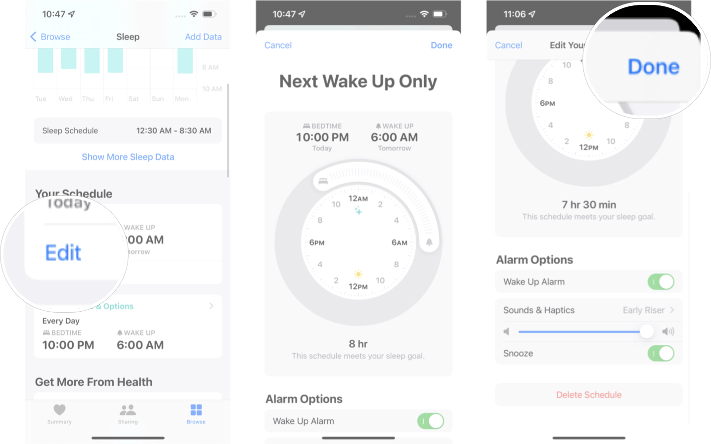 Mengedit jadwal tidur di iOS 15: Ketuk edit, sesuaikan jadwal tidur sesuai keinginan Anda, lalu ketuk selesai.