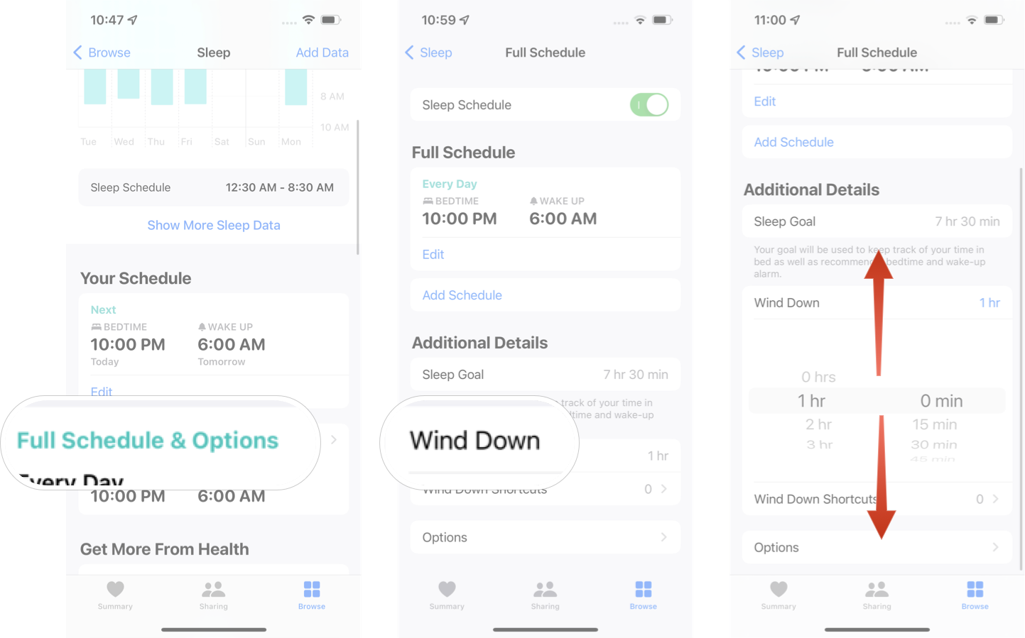 Editing Wind Down In iOS 15: Tap full schedule & options, tap wind down, and then adjust the amount of time.