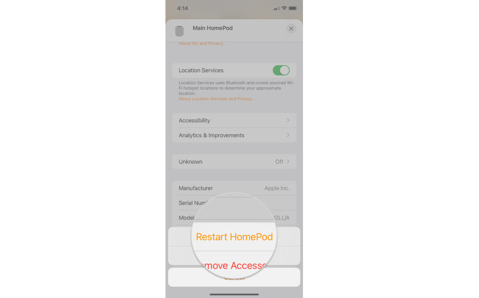 How to restart the HomePod in the Home app on the iPhone by showing steps: Tap Restart HomePod