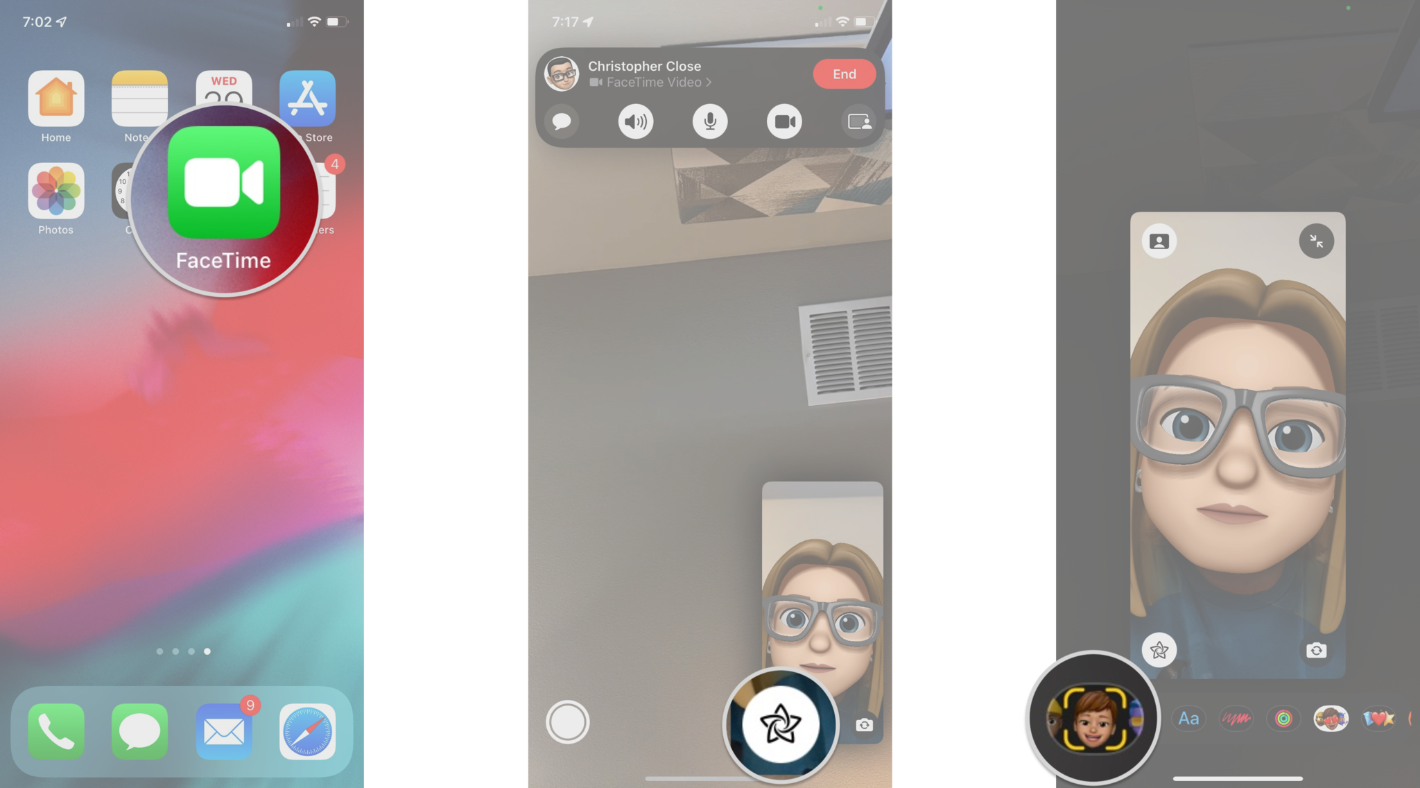 How to use FaceTime Memoji and Animoji on the iPhone by showing steps: Launch FaceTime, Tap the effects button, Tap the Memoji button