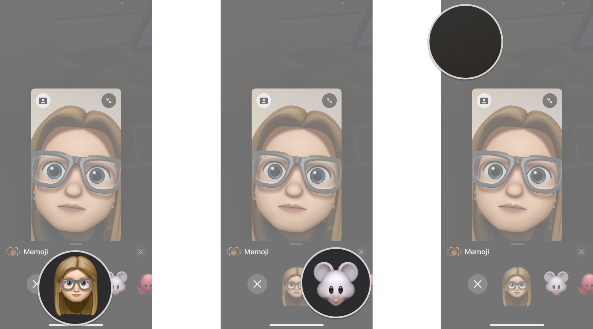 How to use FaceTime Memoji and Animoji on the iPhone by showing steps: Tap an Animoji or Memoji, Tap outside of your live view to go back to your FaceTime call