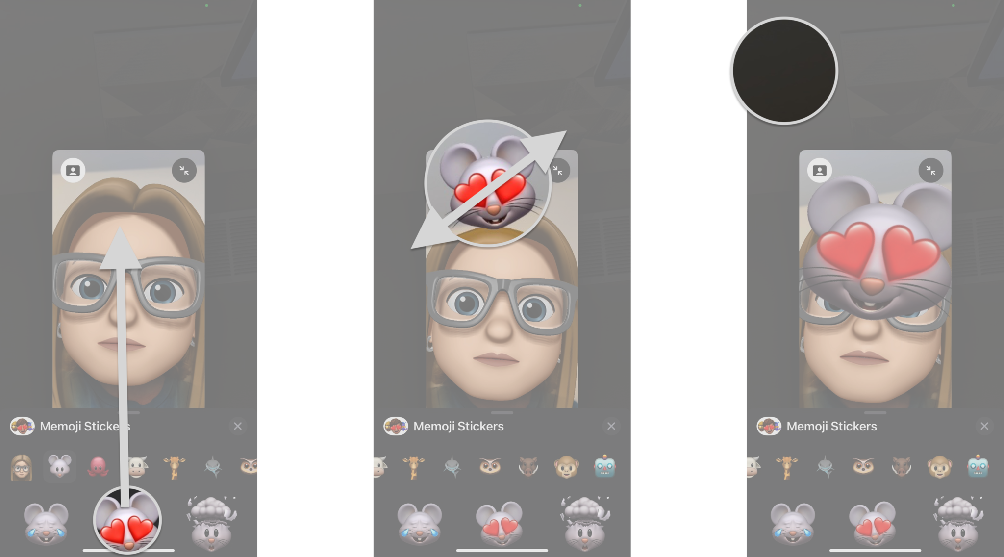 How to use FaceTime stickers on the iPhone by showing steps: Hold your finger on a sticker and drag it to your live view, Pinch to zoom in and out, Tap outside of your live view to return to your FaceTime call