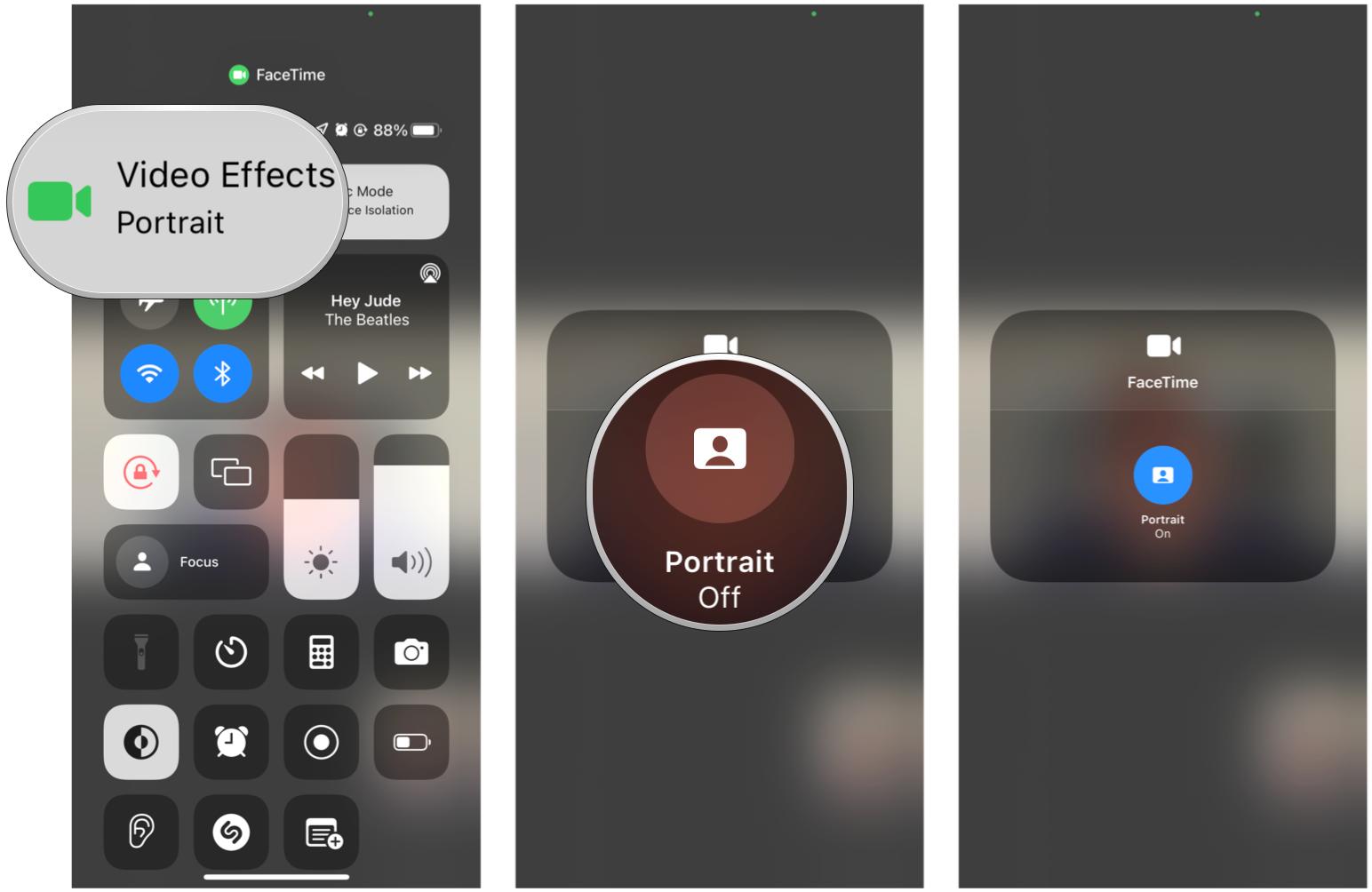 Use Control Center to toggle Portrait mode in FaceTime: Bring up Control Center, tap Video Effect in upper left corner, tap toggle for Portrait mode