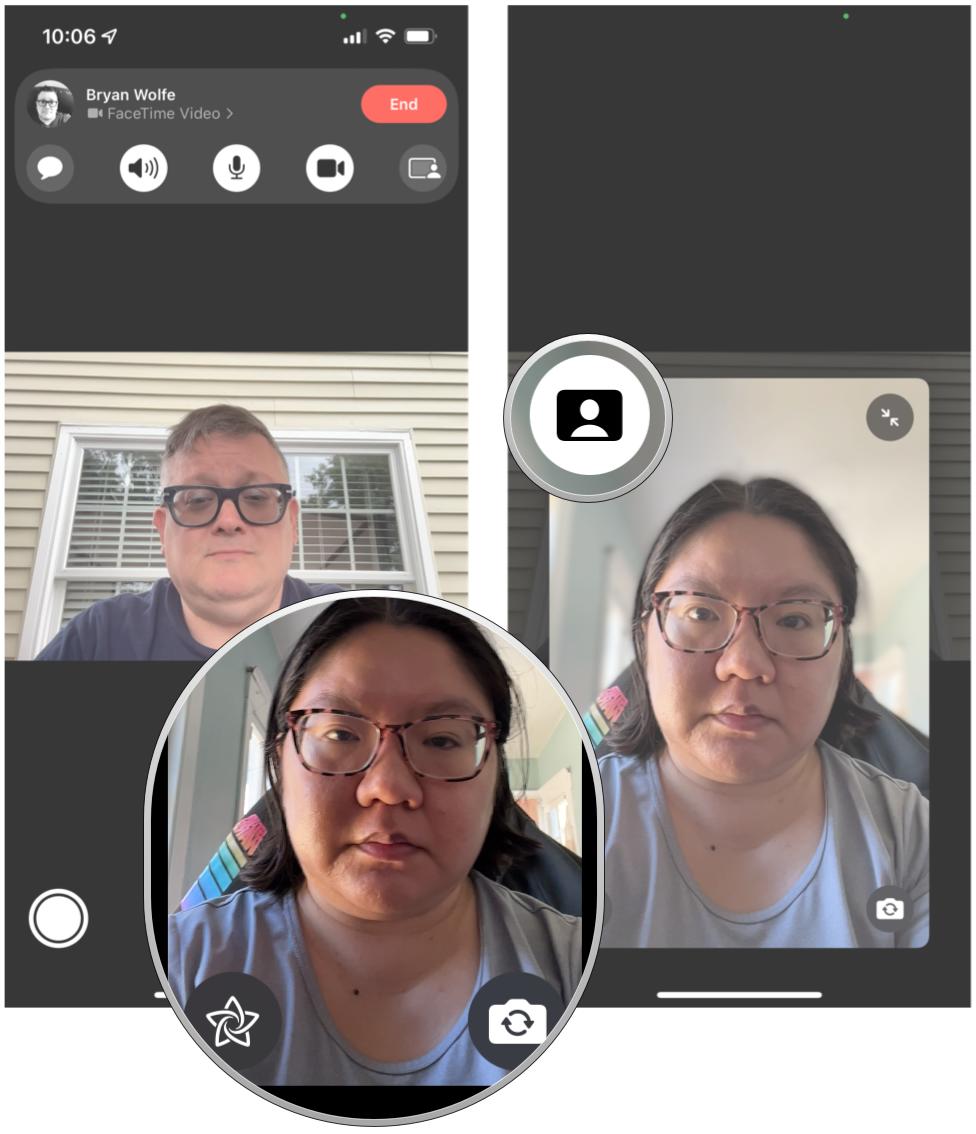 Active el modo Retrato en una llamada FaceTime: toque la vista de video en la esquina inferior derecha, luego toque el ícono del modo Retrato en la esquina superior izquierda