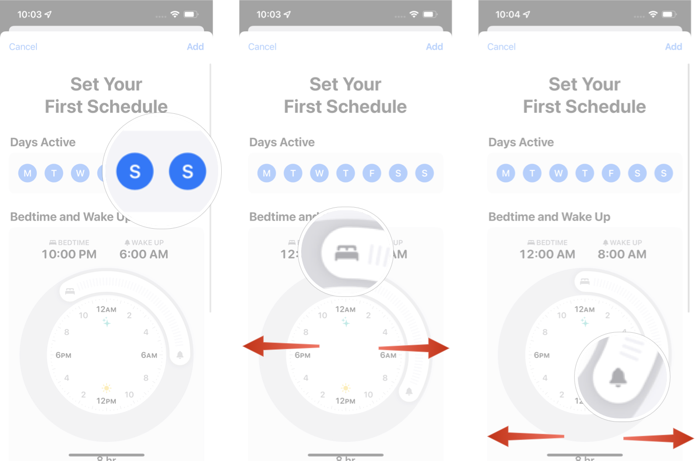 Mengatur jadwal tidur di iOS 15: ketuk hari dalam seminggu yang tidak ingin Anda pengaruhi, ketuk, tahan, dan seret waktu mulai waktu tidur Anda, lalu ketuk, tahan, dan seret waktu bangun alarm Anda. 
