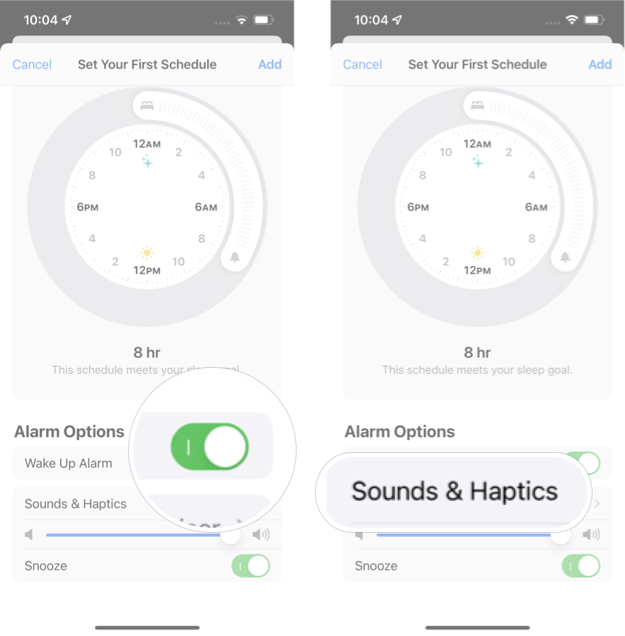 Mengatur jadwal tidur di iOS 15L: Ketuk sakelar aktif/nonaktif alarm bangun, lalu ketuk suara dan haptics.
