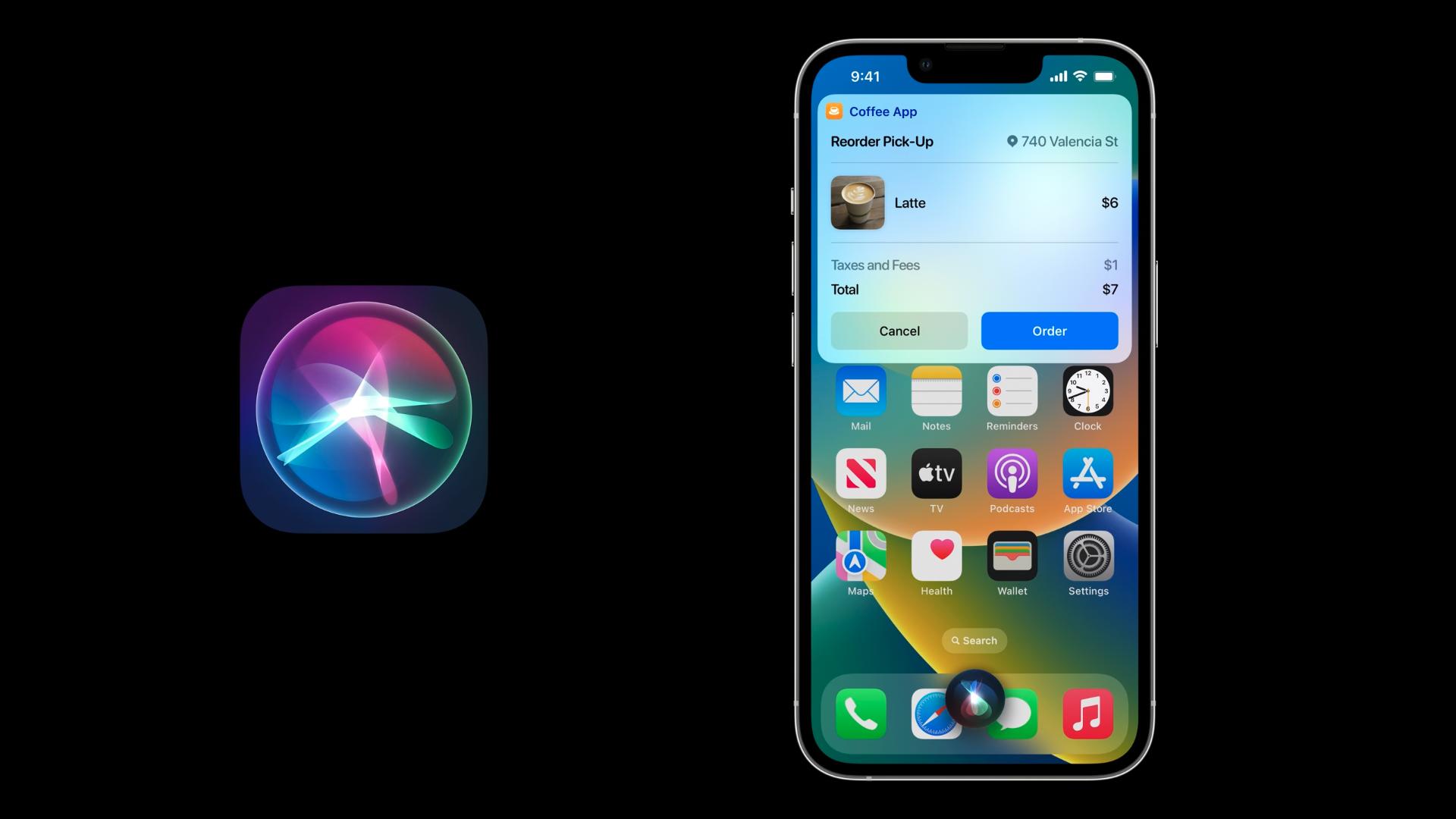 Tangkapan layar apel "Selami maksud aplikasi" sesi pengembang yang menampilkan ikon Siri dan pintasan demo yang berjalan di iPhone.