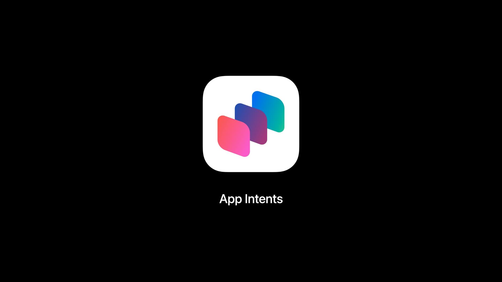 Tangkapan layar apel "Selami maksud aplikasi" sesi pengembang menampilkan logo App Intents di layar.