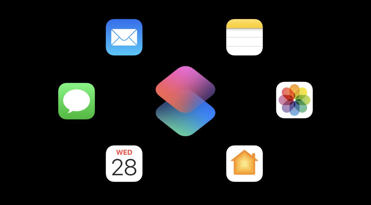 Screenshot of the Apple developer session thumbnail showing the Shortcuts icon in the center and Apple's apps around it.