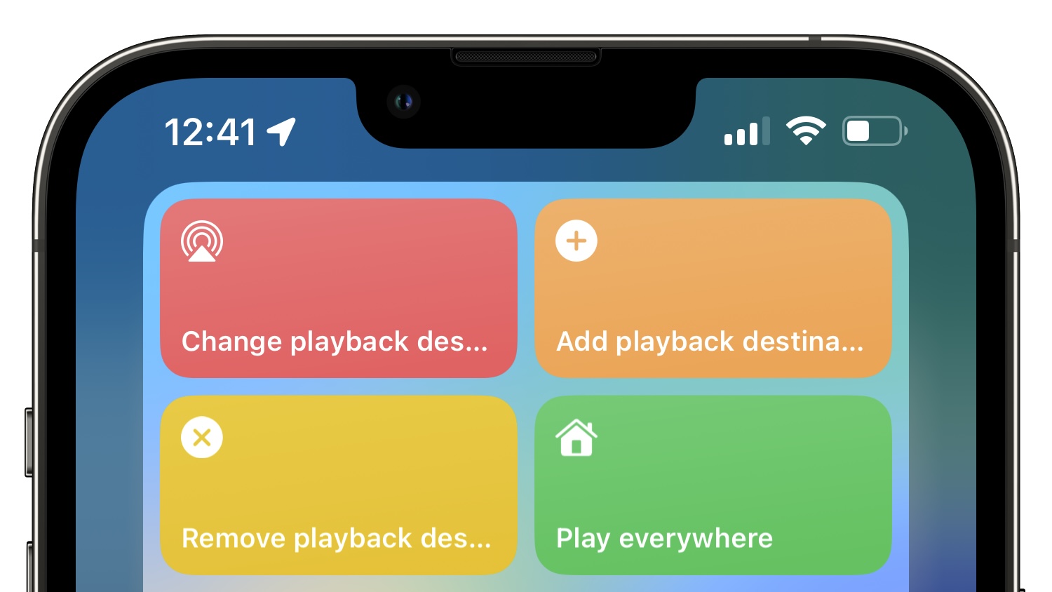 Hero screenshot of the Playback Destination shortcuts linked in the story as a Shortcuts widget on an iPhone.