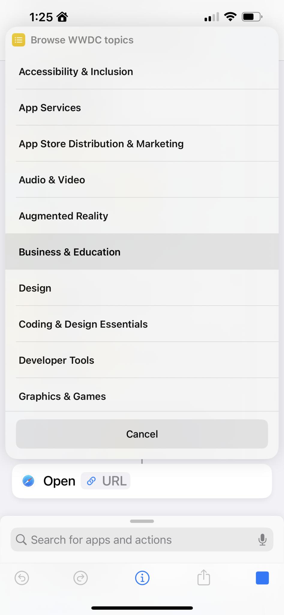 Screenshot showing the "Browse WWDC topics" shortcut running, presenting a menu of the topics and "Business & Education" selected.