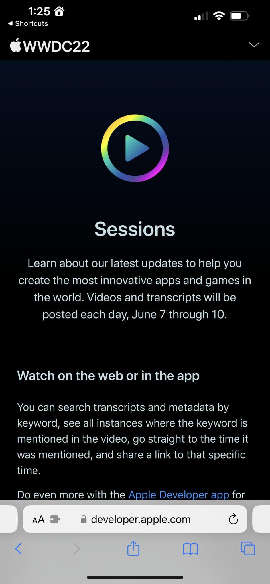 Screenshot showing the main Sessions page from Apple's developer website after being opened by Shortcuts.