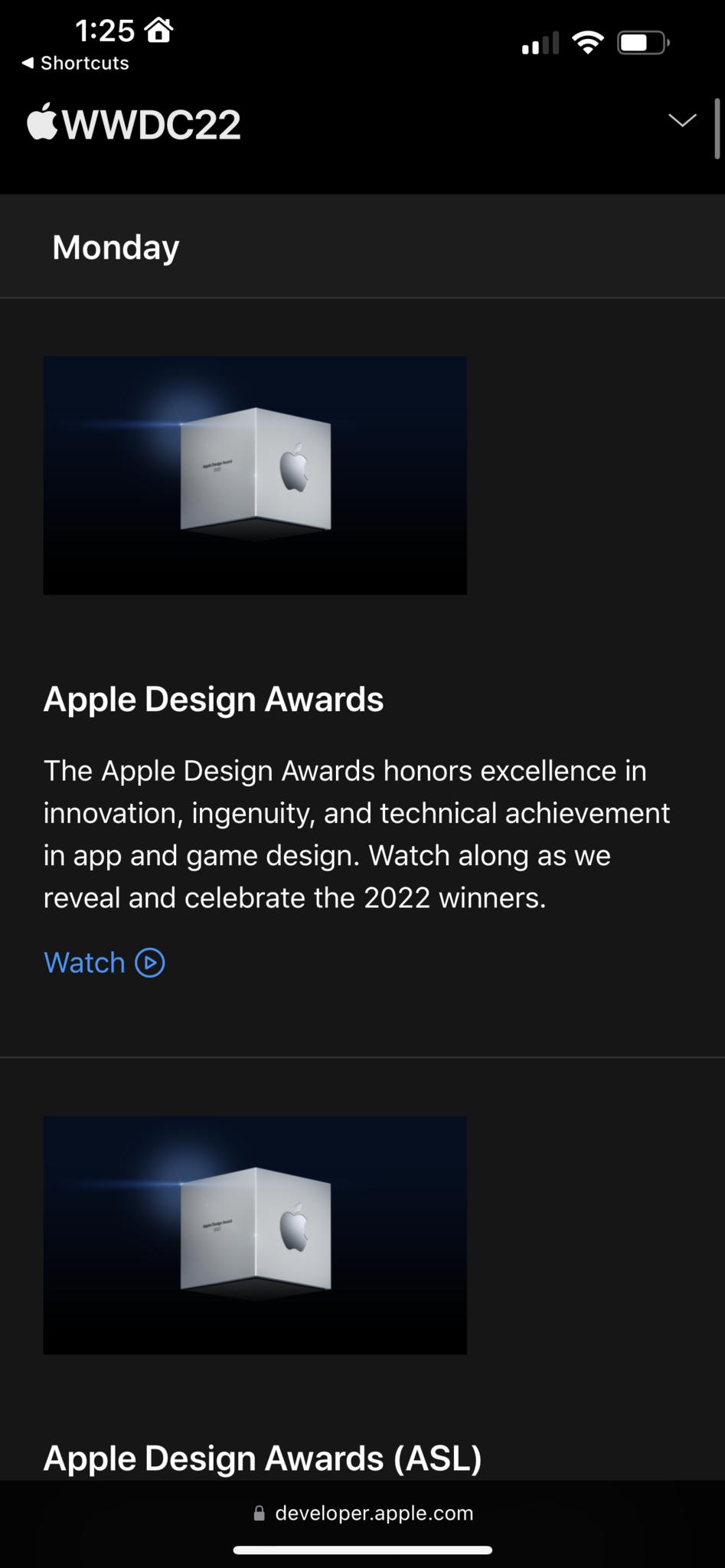 Screenshot showing the Apple Developer page for Sessions, scrolled down to the daily schedule and displaying Monday's schedule starting with the Apple Design Awards.