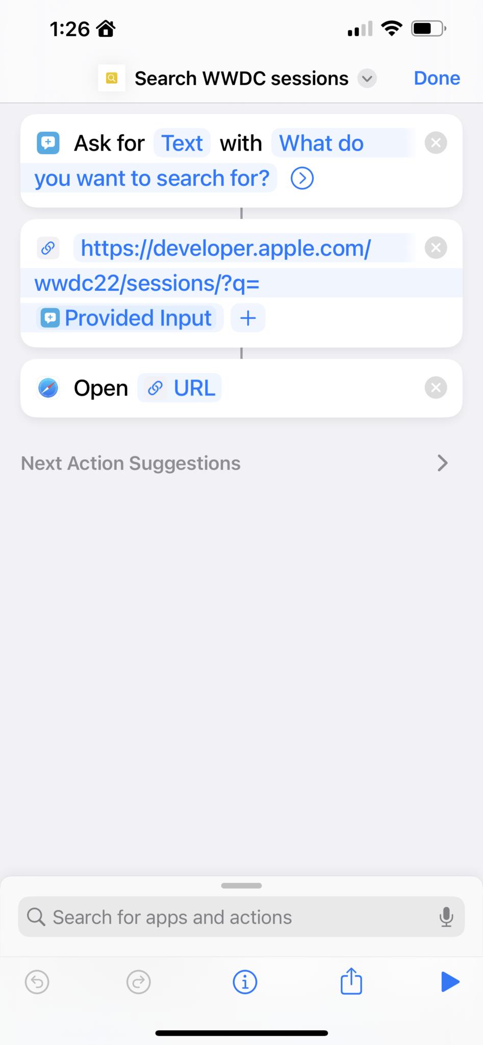 Screenshot showing the "Search WWDC" sessions" shortcut that includes a prompt for a search input, the URL using that query, and the Open URL action.