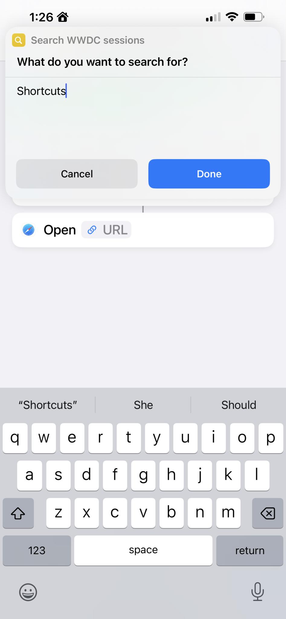 Screenshot showing the "Search WWDC sessions" shortcut running, displaying a prompt asking "What do you want to search for?" and "Shortcuts" as the default text.