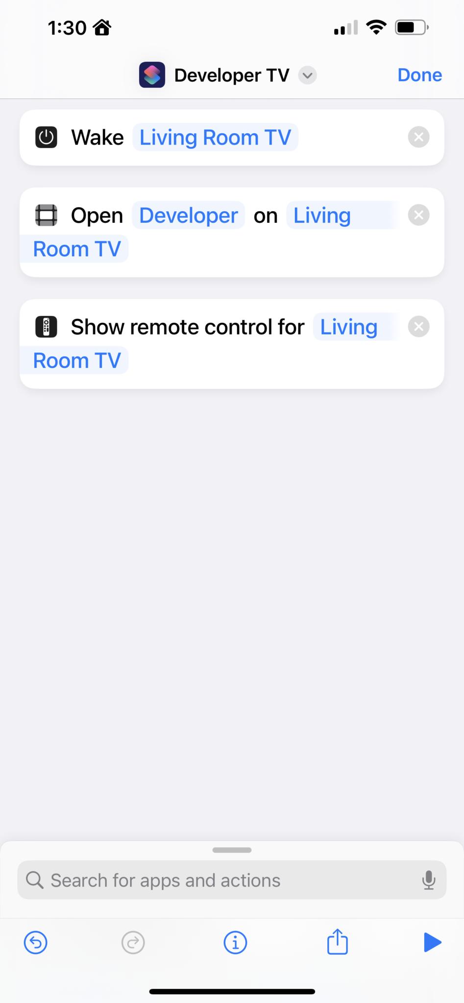 Screenshot showing the "Developer TV" shortcut with the Wake Apple TV, Open App on Apple TV, and Show Remote Control actions included.