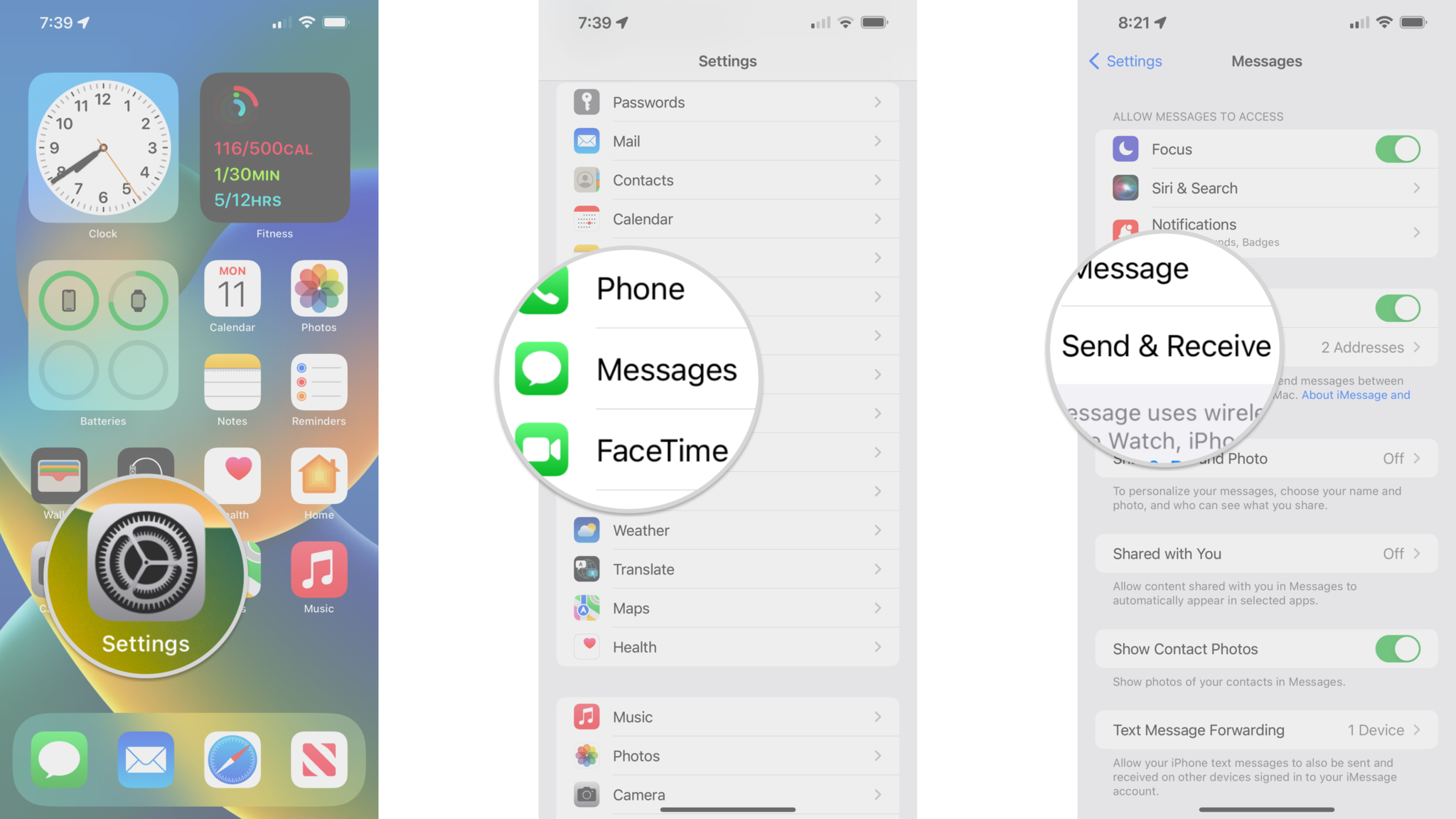 How to sign out of your Apple ID in Messages on the iPhone by showing steps: Launch Settings, Tap Messages, Tap Send & Receive