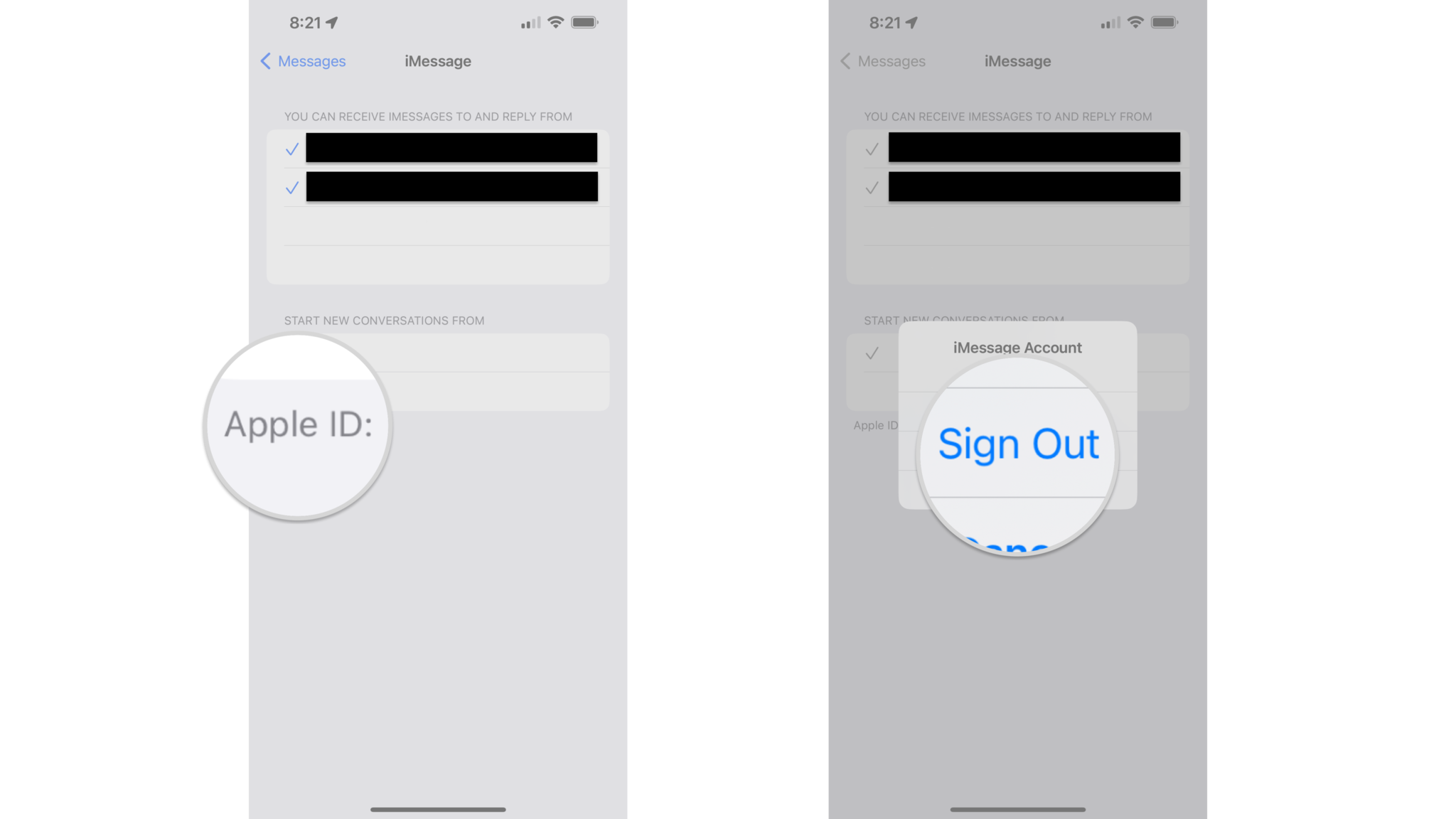 How to sign out of your Apple ID in Messages on the iPhone by showing steps: Tap your Apple ID, Tap Sign Out