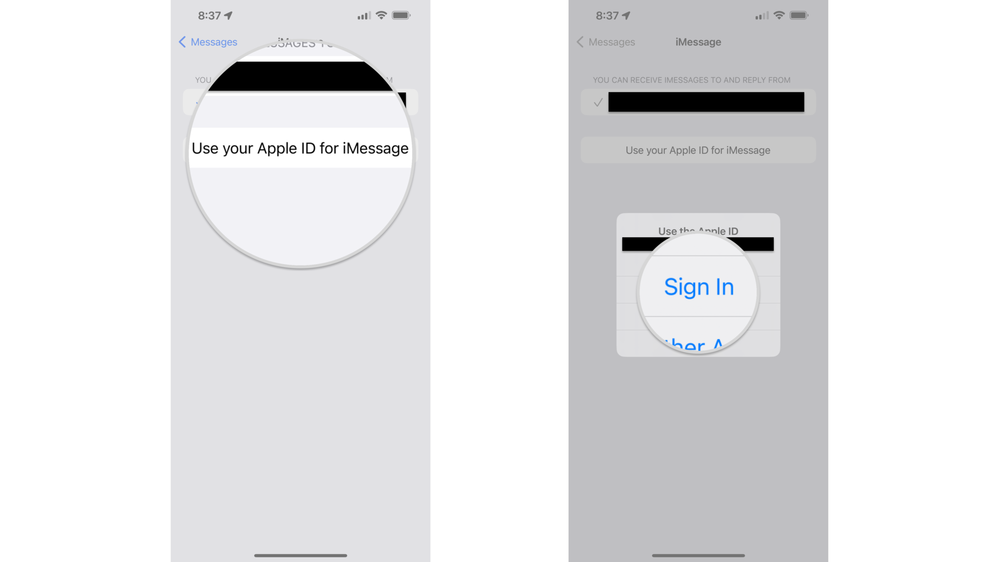 Cara masuk ke ID Apple Anda di Pesan di iPhone menunjukkan langkah-langkah berikut: ketuk Gunakan ID Apple Anda untuk iMessage, ketuk Masuk