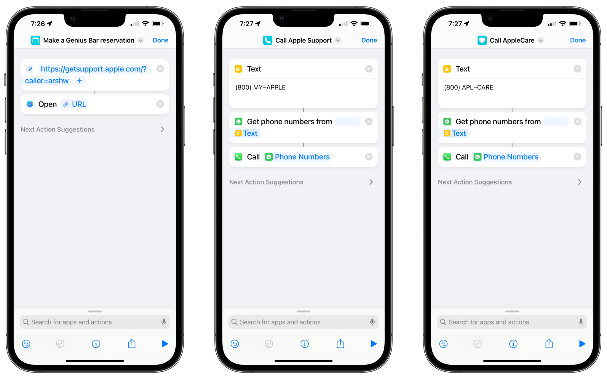 Set of three screenshots showing the actions for Make a Genius Bar reservation shortcut and the Call Apple Support & Call AppleCare shortcuts.