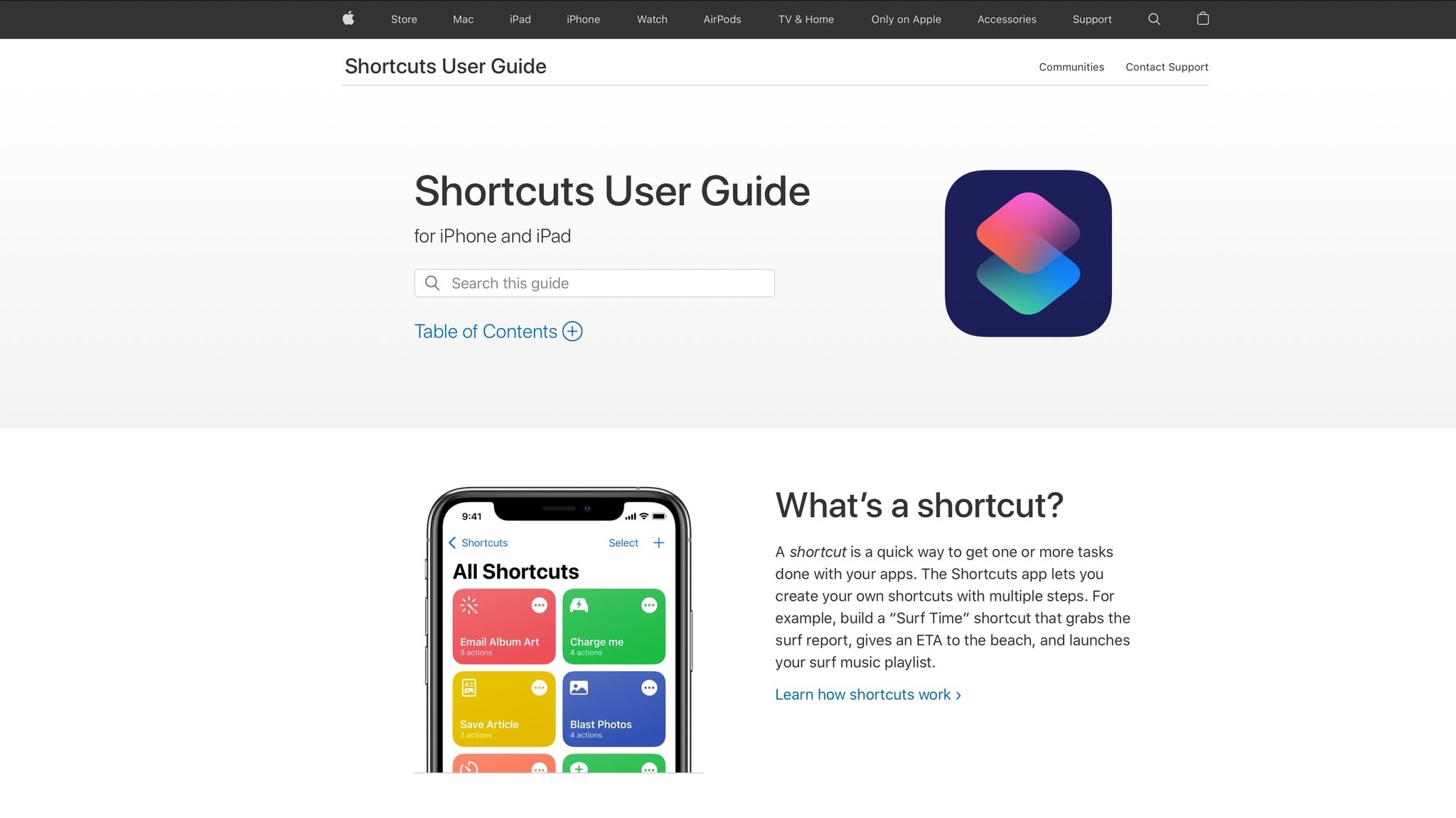 Screenshot of the Shortcuts User Guide on Apple.com