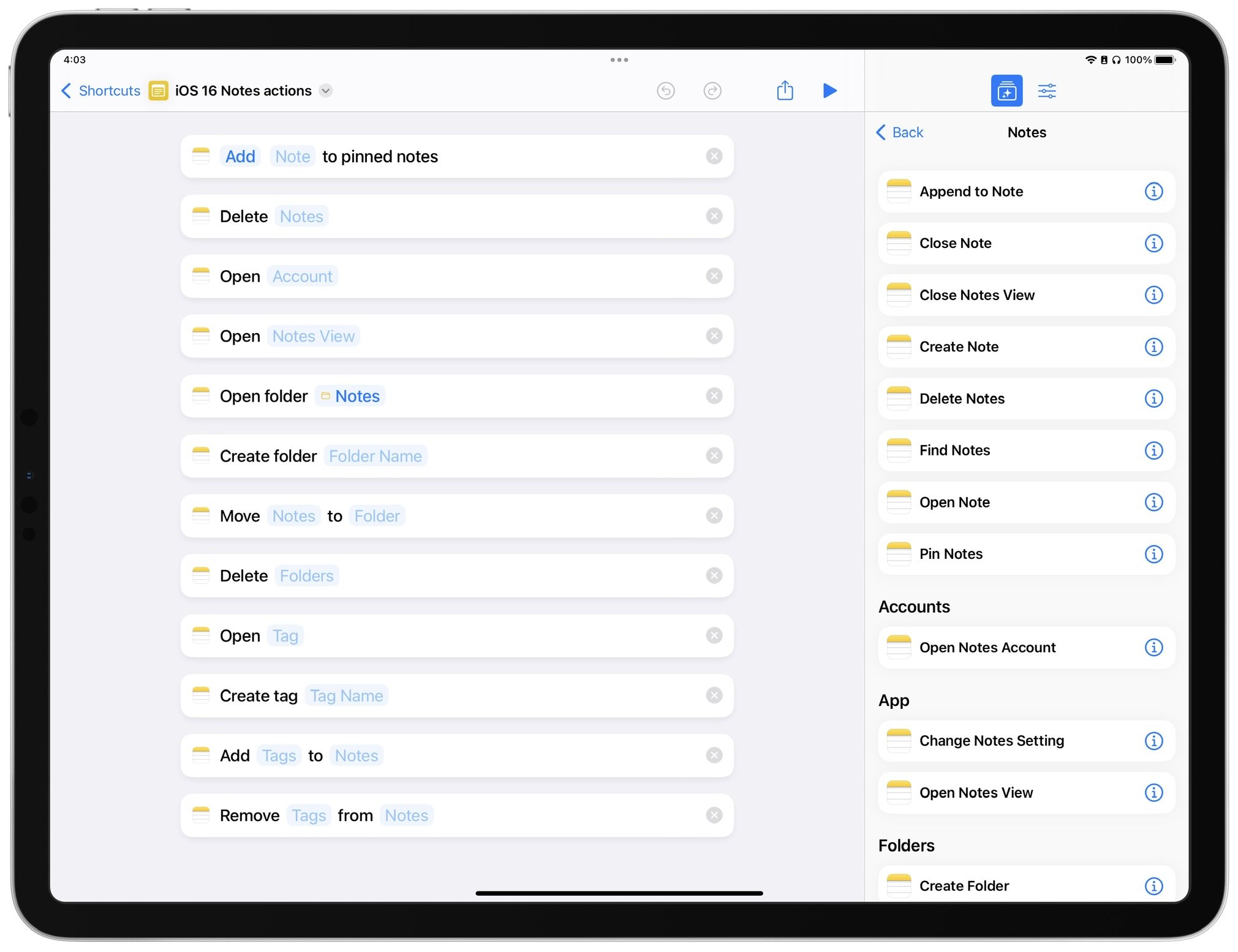 Screenshot of the Shortcuts app showing the listed Notes actions.