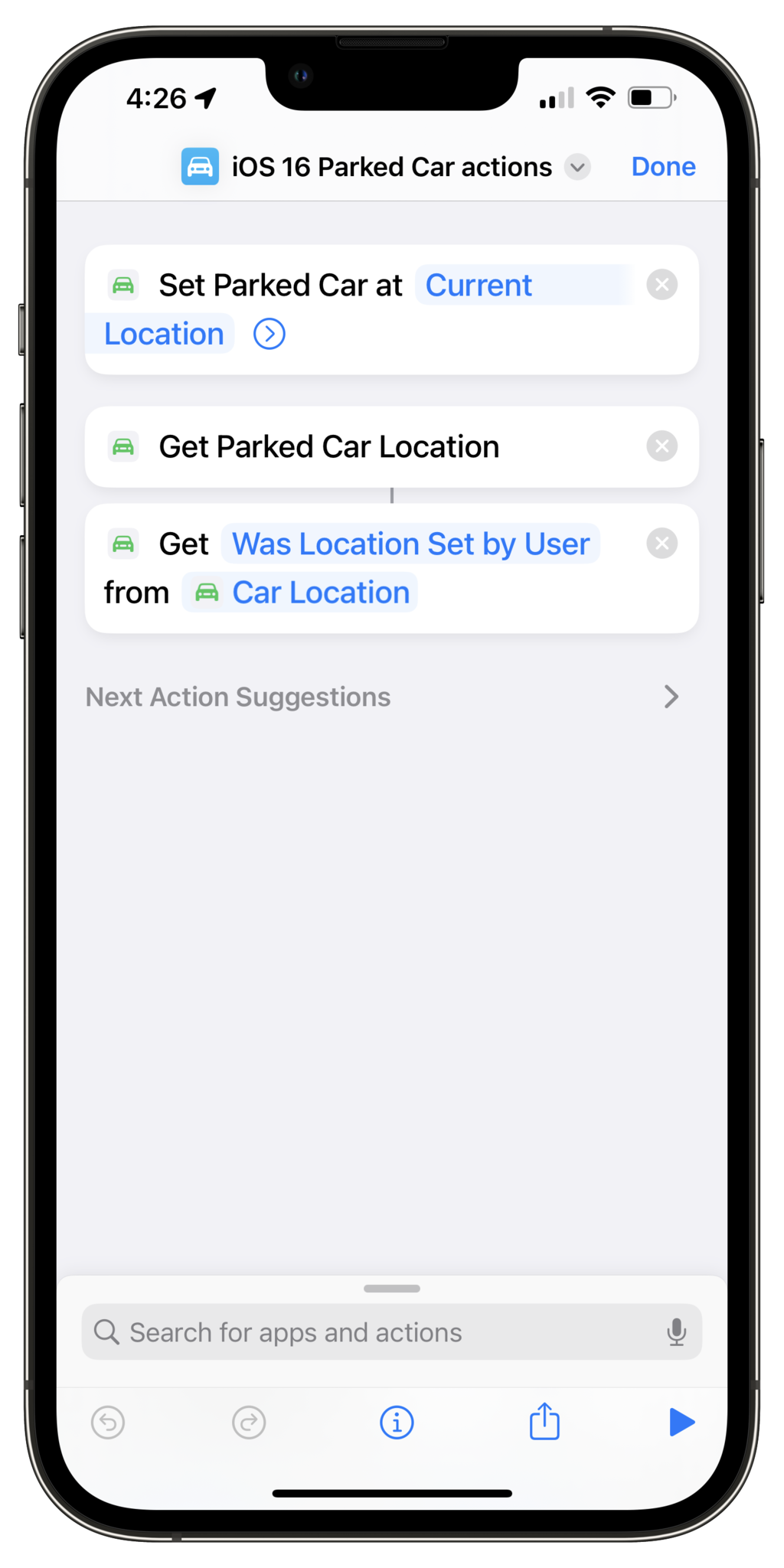 Screenshot of the Shortcuts app for iPhone showing the listed Parked Car actions.