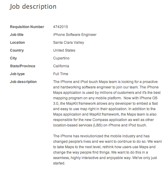 Apple Map Job Listing