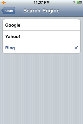 iOS 4 Setting Safari Search Bing