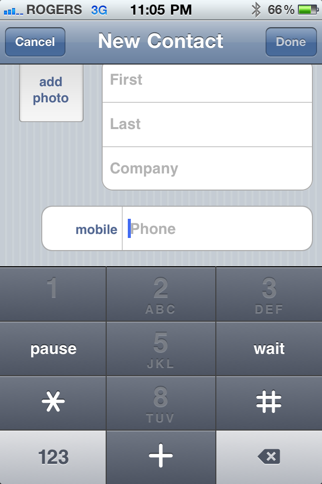 Возможности iOS 4.3: новая кнопка ожидания при добавлении клавиатуры контакта.